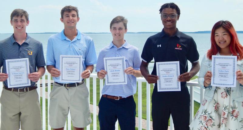 This year’s winners of the Delaware State Golf Association Scholarship Fund gathered together at Rehoboth Beach Country Club June 17 for an award ceremony. Shown are (l-r) William Starnes, Dane Palmer, Jack Stosic, Kaden Kinard and Esther Park. SUBMITTED PHOTO